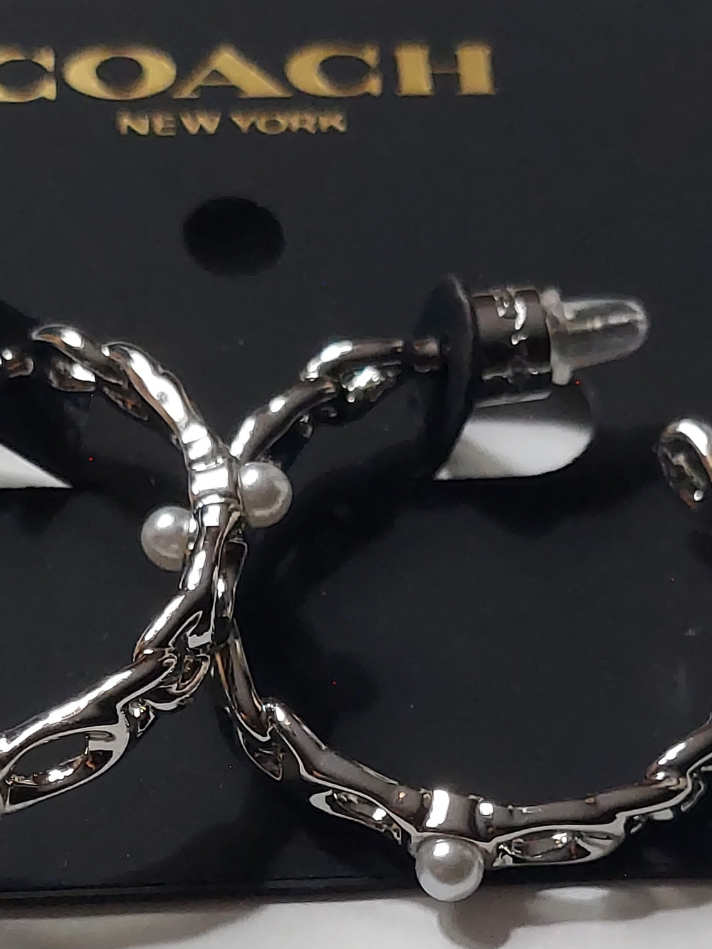 COACH Silver-Tone Hoop Earrings with Pearl Accents - Picture 3 of 6
